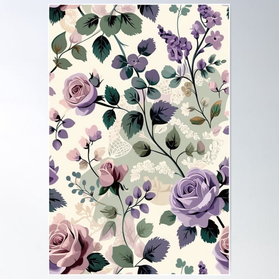 Victorian Lace Floral Pattern – Delicate Roses & Lilacs Poster Wall Art, Modern Wall Decor For Living Room Bedroom, 16x24 UNFRAMED