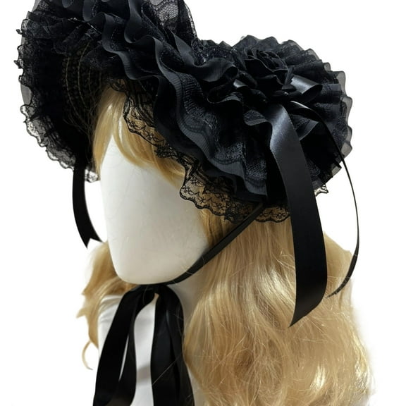 Victorian Lace Straw Bonnet Hat Dark Series Hat With Adjustable Tie and Ribbon Bowknot For Women Anime Theme Event Wear