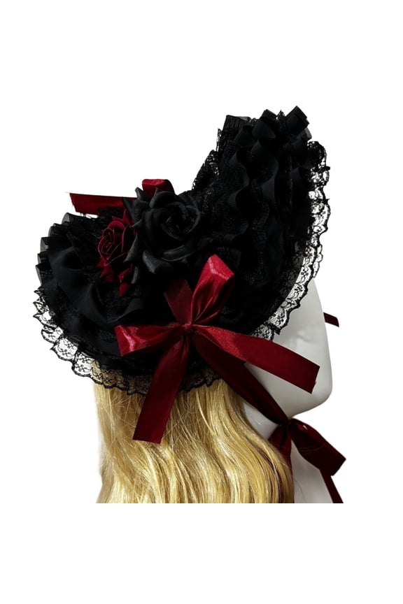 Victorian Lace Straw Bonnet Hat Dark Series Hat With Adjustable Tie and Ribbon Bowknot For Women Theme Event Wear