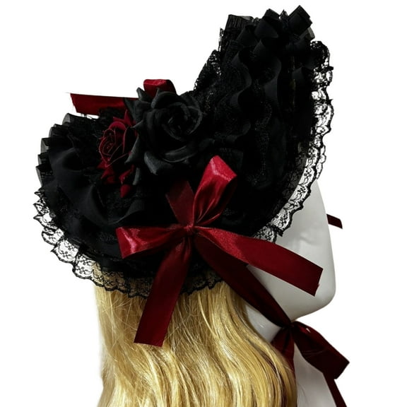 Victorian Lace Straw Bonnet Hat Dark Series Hat With Adjustable Tie and Ribbon Bowknot For Women Theme Event Wear