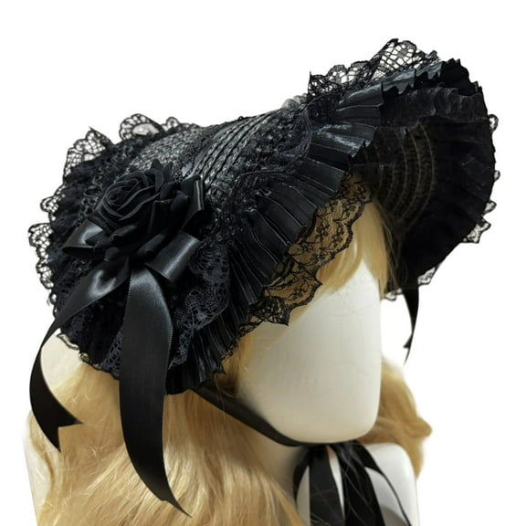 Victorian Lace Straw Bonnet Hat Dark Series Hat With Adjustable Tie and Ribbon Bowknot For Women Theme Event Wear