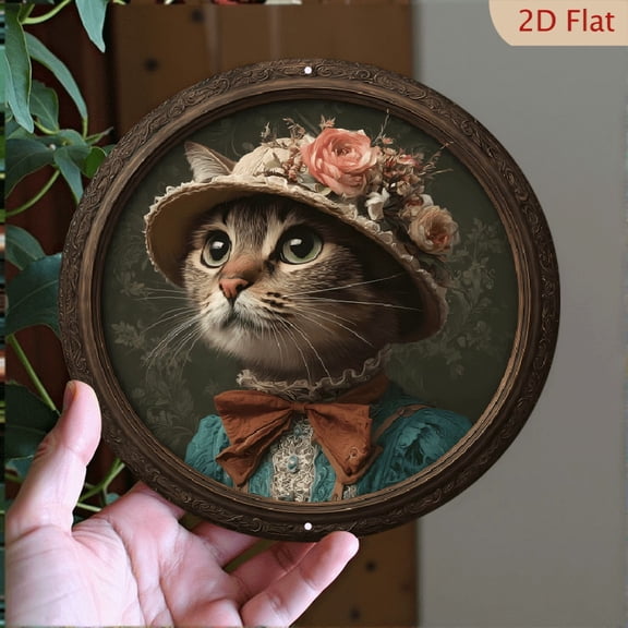 "Victorian Lady Cat" Vintage Anthropomorphic Pet Wall Art Decor, 8" Round Aluminum Metal Signs For Kitchen, Door, Office, Bedroom Decor, Best Gifts For Room, Home Decor, Weird Decor, 2D Flat
