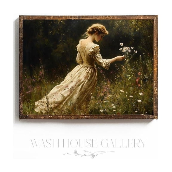 Victorian Lady Meadow Wall Art Print, Vintage Cottagecore Floral Fashion Home Decor