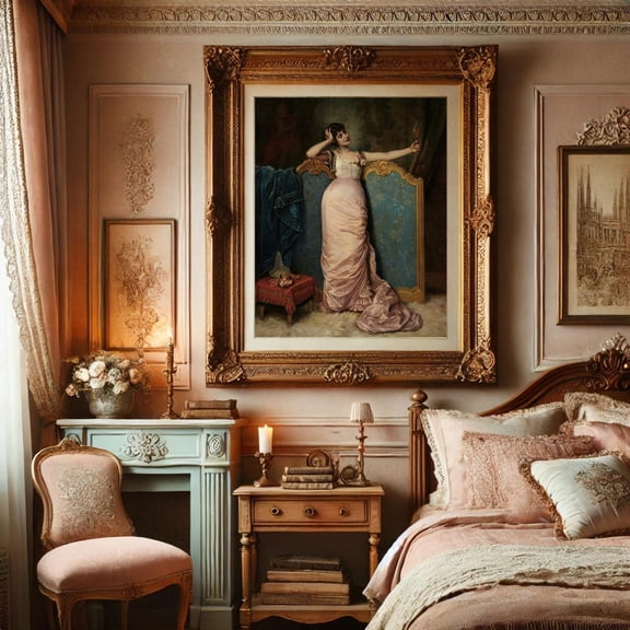 Victorian Lady Portrait With Mirror Antique 19Th Century Art Home Decor, 24x36 UNFRAMED