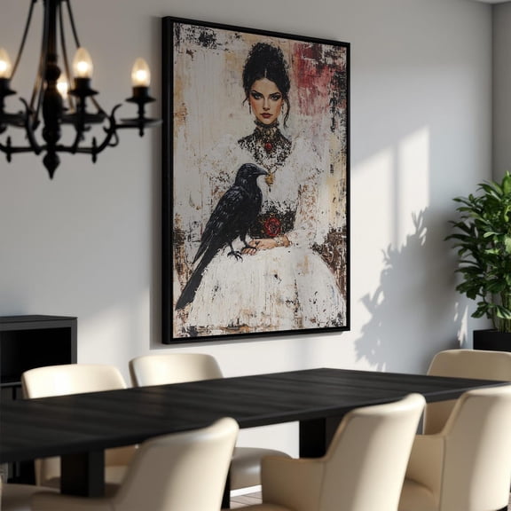 Victorian Lady With Raven - , Elegant Portrait Art, Vintage Elegance, Mystery Gothic Decor, Wall Art, Unique Unframed Paper Print
