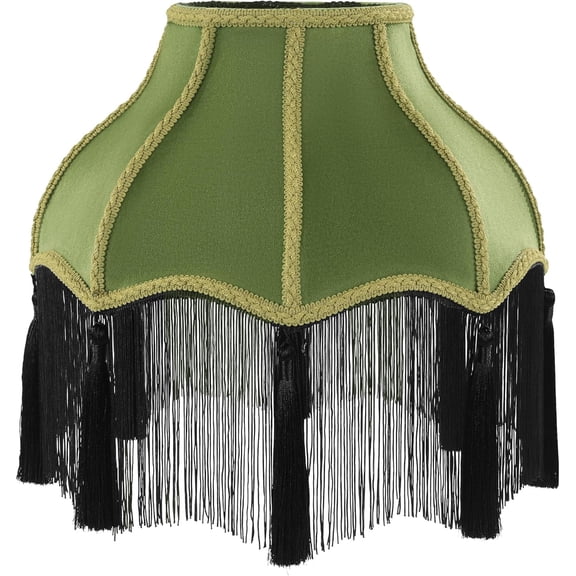 Victorian Lamp Shade, Velvet Vintage Lampshade with Tassel and Fringe, 6.4"x13"x12.3" Bell Shape Scallop Lampshades for Table, Floor and Bedside Lamps (Olive Green)