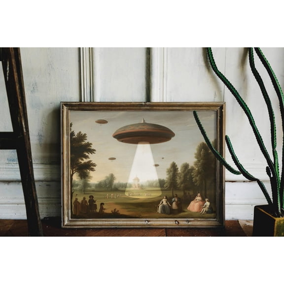Victorian Landscape Funny Altered Art Print Ufo Wall Art Eclectic Print Alien Abduction Banksy Art Prints #3114, Unframed Canvas Size 8x12