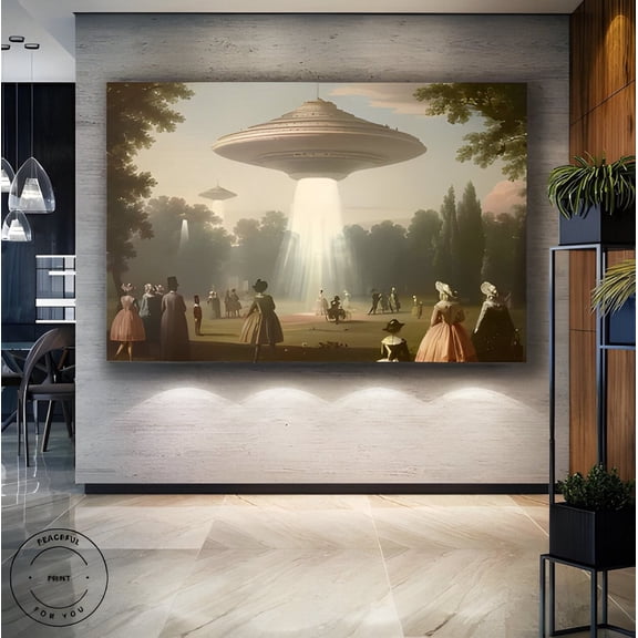 Victorian Landscape Funny Altered Art Print Ufo Wall Art Eclectic Print Alien Abduction Banksy Art Prints Ready To Hang 50 #1490, Unframed Canvas Size 16x24