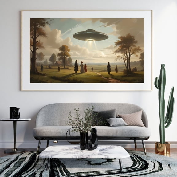 Victorian Landscape With UFO Art Print Vintage Surreal Funny SciFi Wall Decor Retro Alien Decor