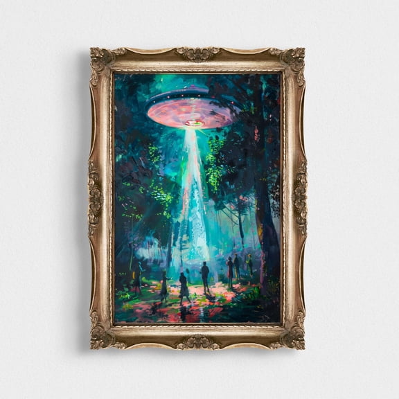 Victorian Landscape With Ufo Art Poster, Altered Poster, Eclectic Alien Abduction Decor, Wall Art,, 8x12 UNFRAMED