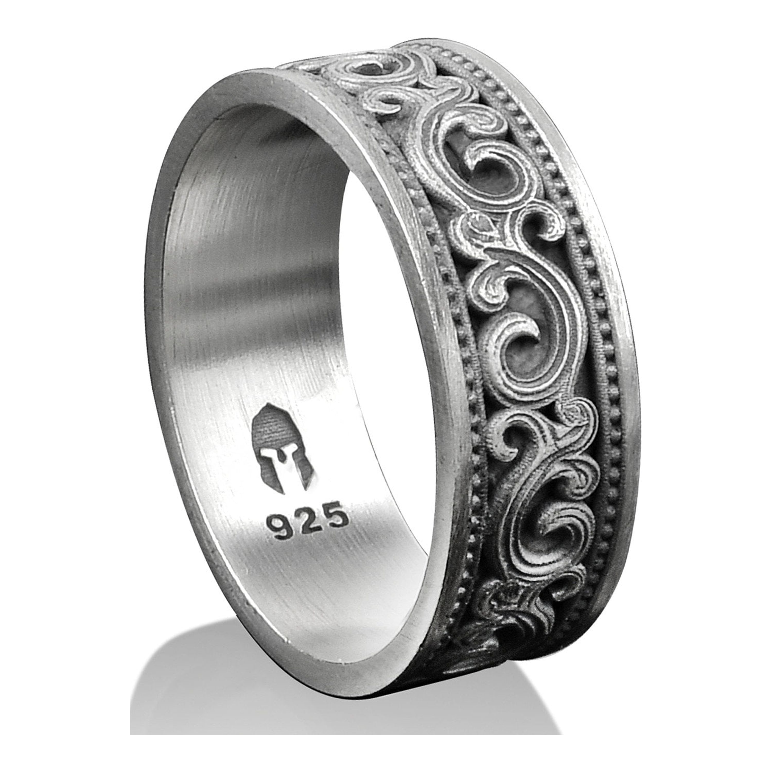 Victorian Leaf Motif Men Wedding Ring, Sterling Silver Vintage 