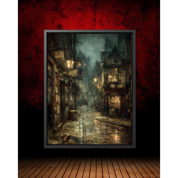 Victorian London Alleyway , Gothic Gaslamp Wall Art, Dark Academia Historical City Scene, Moody Cobblestone Street Decor Unframed Paper Print