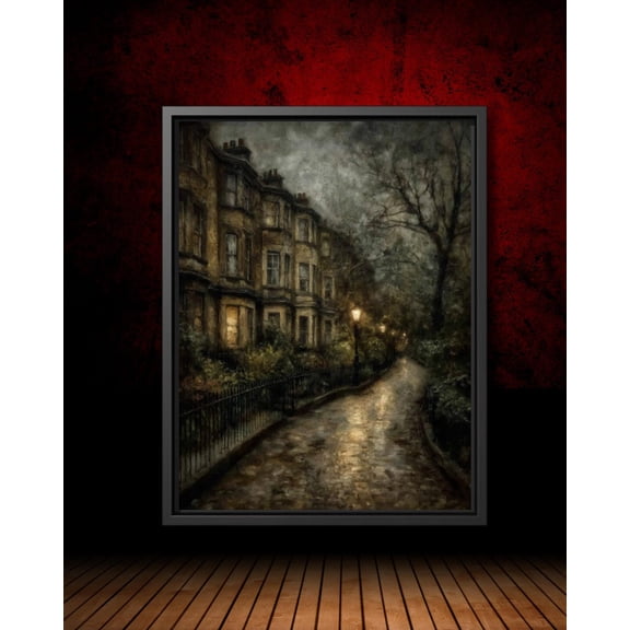 Victorian London Street At Night Art Poster Gothic Row Of Houses With Gaslight Dark Academia Wall Decor, Style, Unframed Poster Size 8x12