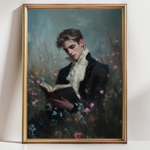 Victorian Man Reading In Flowers Poster, Romantic Book Lover ...
