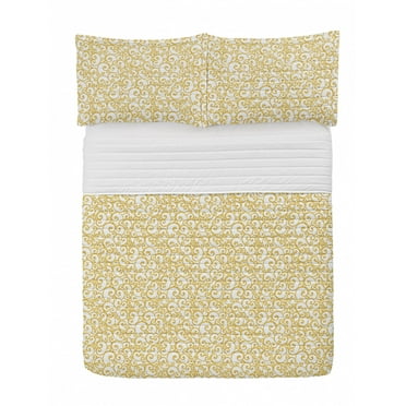 Victorian Microfiber Bedspread Set, Floral Ivy Swirls in Golden Yellow Shade Antique Motif Inspired Art Print, Soft Bedding Set with Pillow Shams & Comforter, 3 Sizes, Yellow and White, by Ambesonne