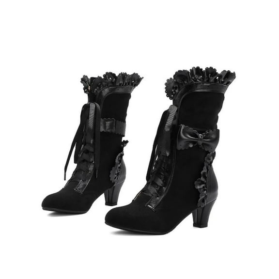 Victorian Mid Calf Boots for Women's Vintage Bow Ruffles Goth Boots Costume Lace Up Booties Halloween Boots