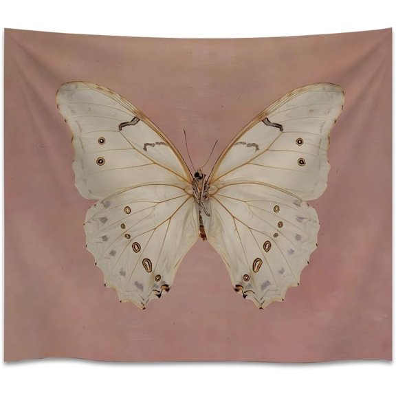 Victorian Neutral Aesthetic Moth Art Tapestry Vintage Pink Butterfly Wall Hanging Rustic Insect Artwork Decor for Bedroom Dorm Living Room White 30x40 Inch