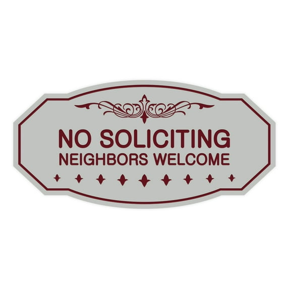 Victorian No Soliciting Neighbors Welcome Sign (Light Grey / Burgundy) - Small 3" X 6"