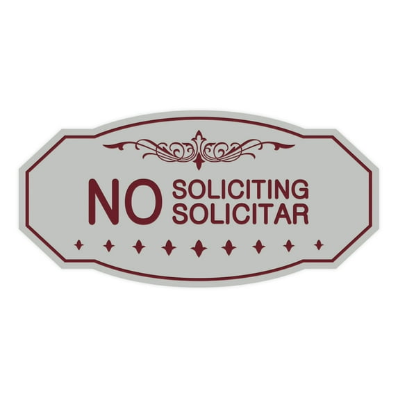 Victorian No Soliciting No Solicitar Sign (Light Grey / Burgundy) - Small 3" X 6"