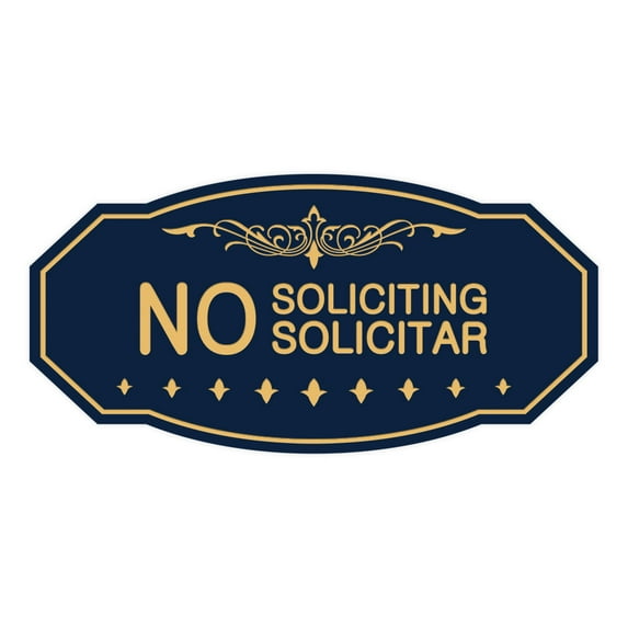 Victorian No Soliciting No Solicitar Sign (Navy Blue/Gold) - Large 5" X 10"