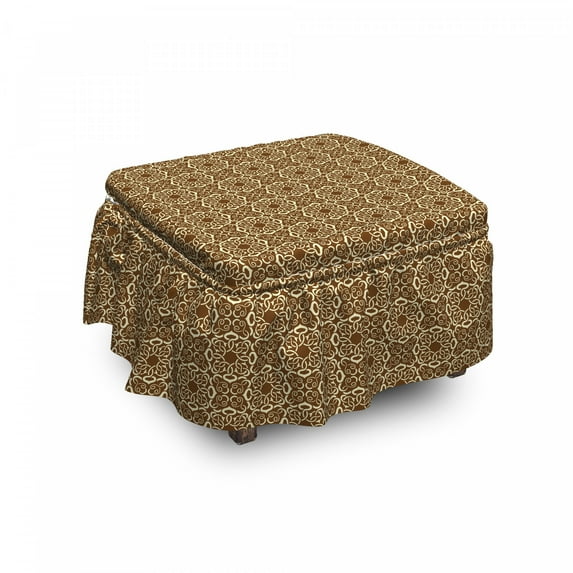 Victorian Ottoman Cover, Ornate Swirls Curves, 2 Piece Slipcover Set with Ruffle Skirt for Square Round Cube Footstool Decorative Home Accent, Standard Size, Brown Pale Yellow, by Ambesonne