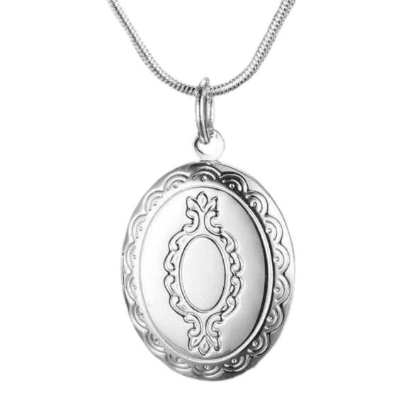 Victorian Oval Etched Sterling Silver Locket Necklace for Woman Large Special Occasion
