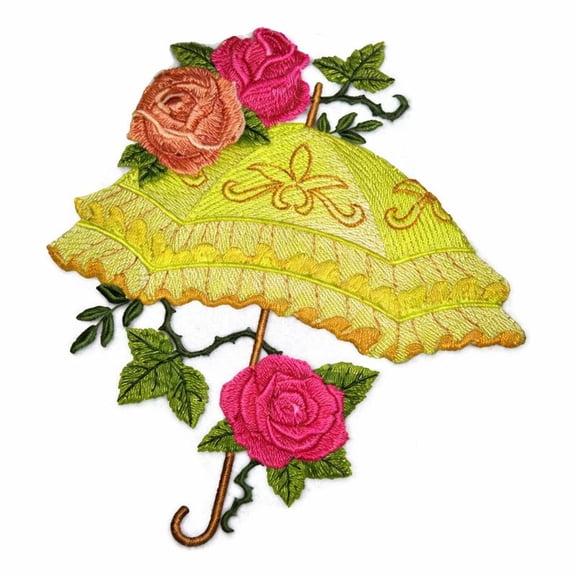 Victorian Parasol with Roses Embroidered Iron on/Sew patch [6.47" X 7.8"]