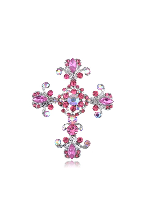 Victorian Pink Rose Crystal Rhinestone Flourish Floral Holy Cross Pin Brooch