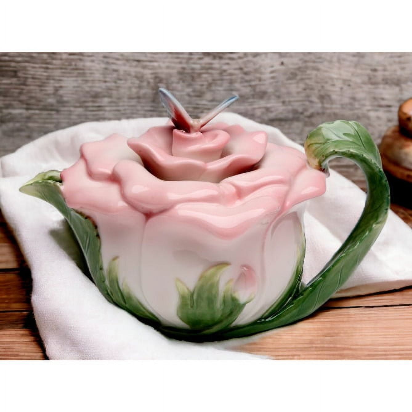Victorian Pink Rose Ceramic Teapot with Butterfly Lid, 12oz