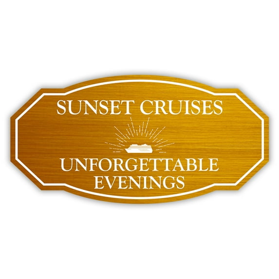 Victorian Plus Sunset Cruises – Unforgettable Evenings Wall or Door Sign | Easy Installation | Personal Boat Signage (Brass) - Medium