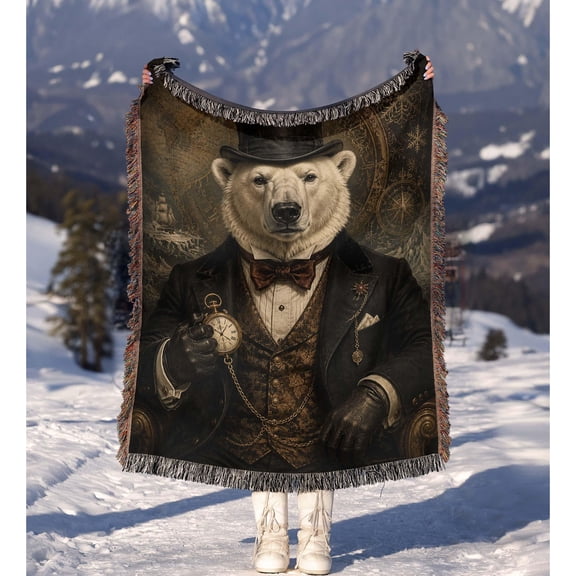 Victorian Polar Bear and Pocket Watch Woven Throw Blanket, Dark Brown and Cream, 100% Cotton, Steampunk Style