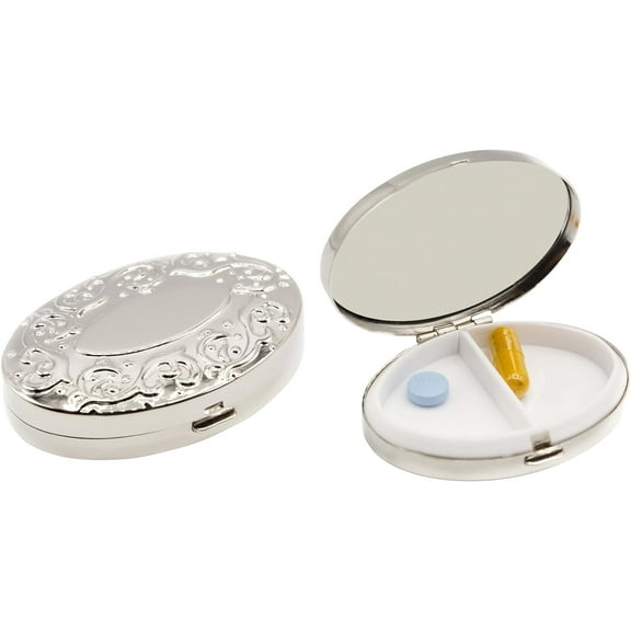 Set of 2 Oval-Shaped Pocket Purse Pill Box & Organizer With Dual Compartments (Silver Victorian)