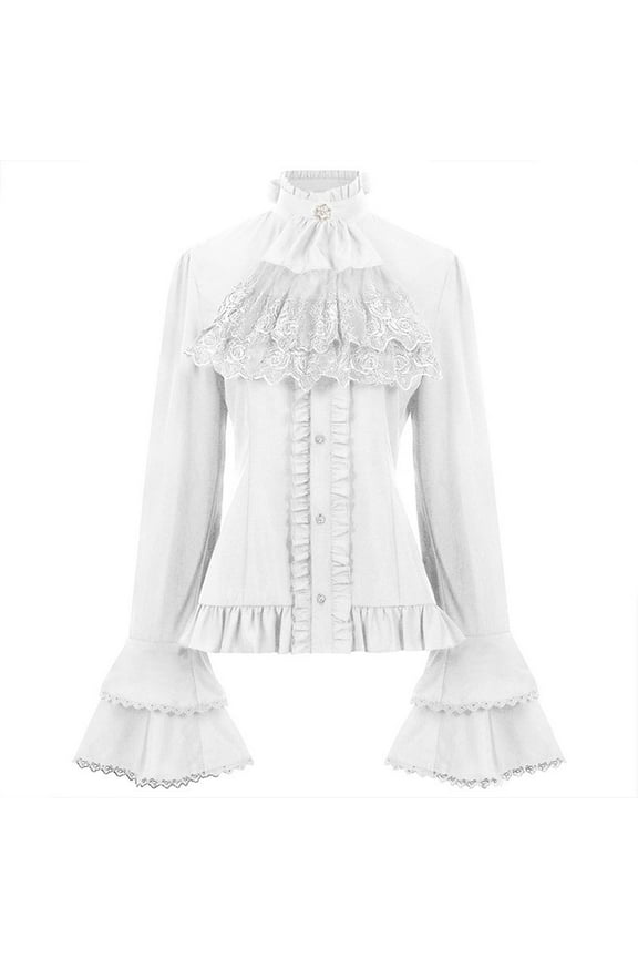 Victorian Punk Lace Up Back Blouse with Ruffle Lace Jabot Collar Medieval Clothing Flared Sleeve Button Shirt for Women