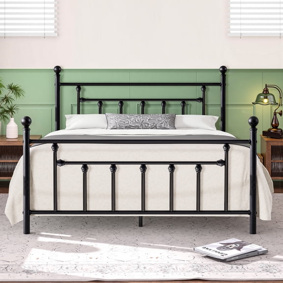 Victorian Queen Size Metal Platform Bed Frame with Headboard & Footboard, No Box Spring Needed, Black