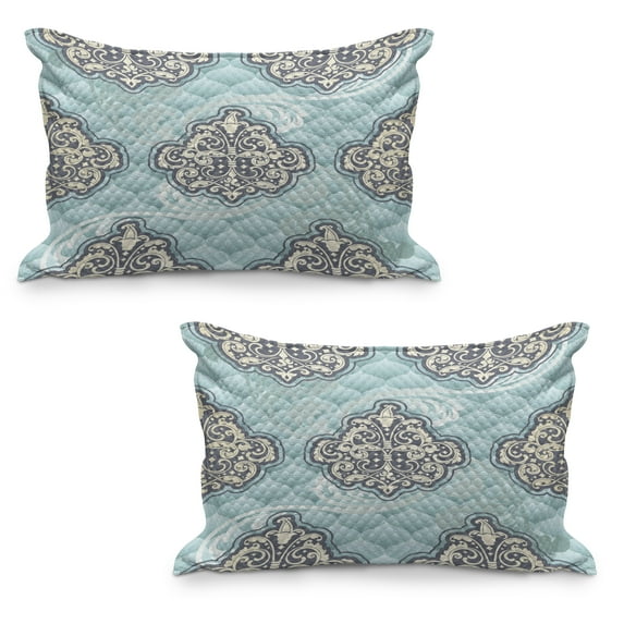 Victorian Quilted Pillowcover Set of 2, Rococo Style Design Tiles Romantic Diamond Swirls, Standard Queen Size Pillow Cover for Bedroom, 36" x 20", Pale Blue Ivory, by Ambesonne