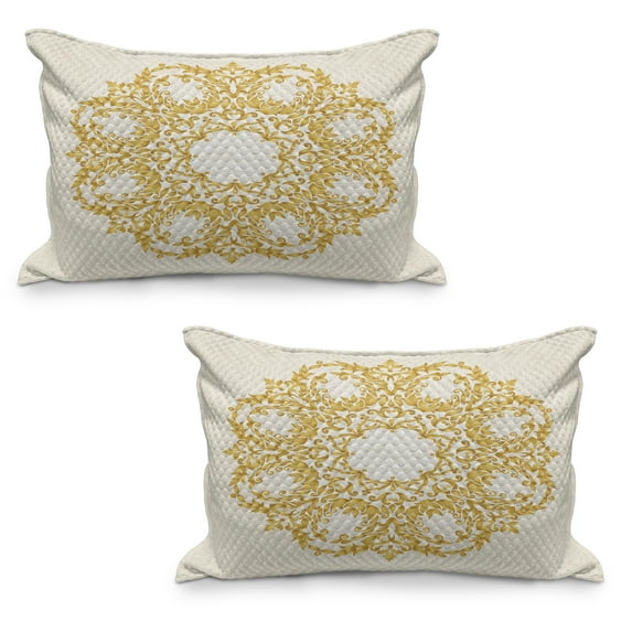 Victorian Quilted Pillowcover Set of 2, Traditional Floral Round Circle with Baroque Elements Turkish Ottoman Style Art, Standard Queen Size Pillow Cover Bedroom, 30" x 20", Cream Yellow, by Ambesonne