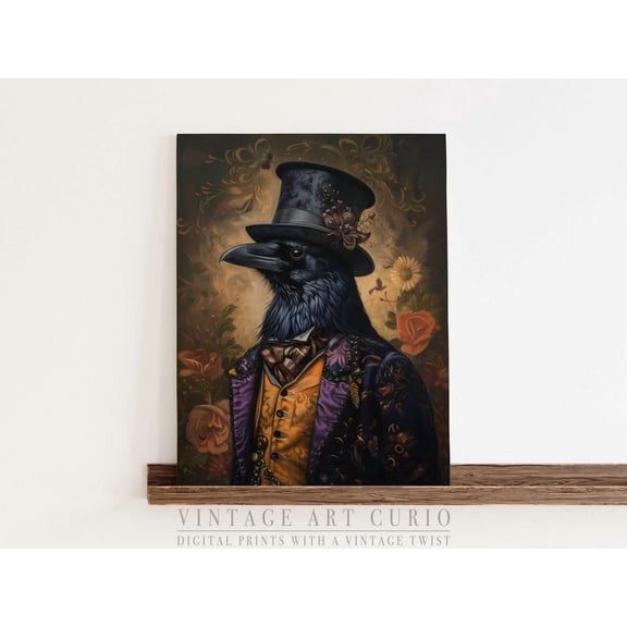 Victorian Raven Portrait, Gothic Steampunk Wall Art Unframed Paper Print