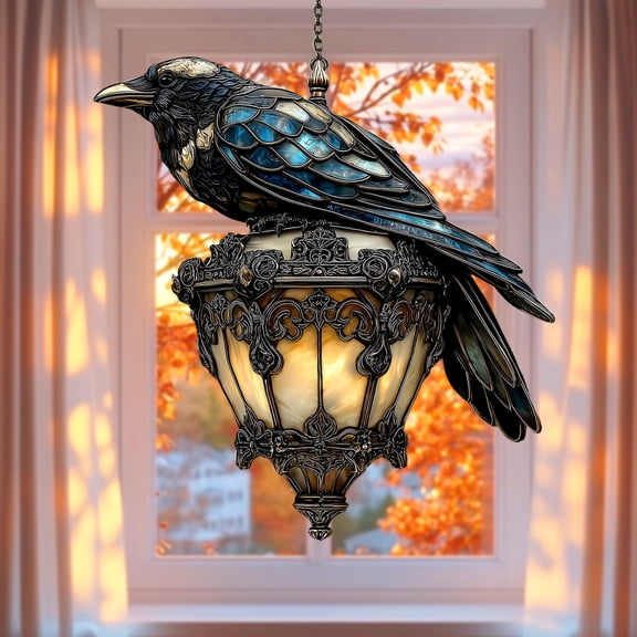 Victorian Raven With Lantern Acrylic Suncatcher, Gothic Crow Faux Stained Glass Window Hanging, Ornate Lamp Night Glow Halloween Decor