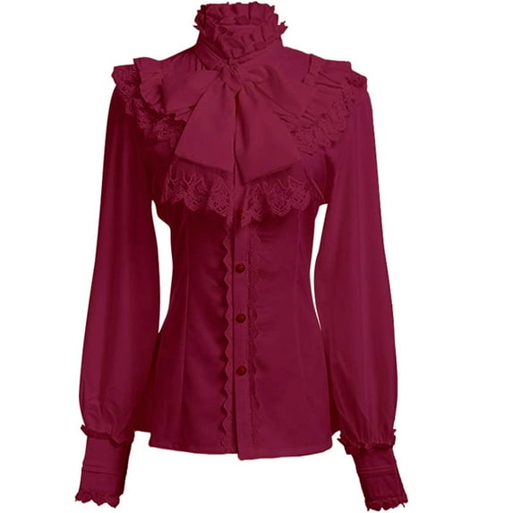Victorian Renaissance Ruffled Lace Blouse Steampunk Long Sleeve Bows Tie Shirt