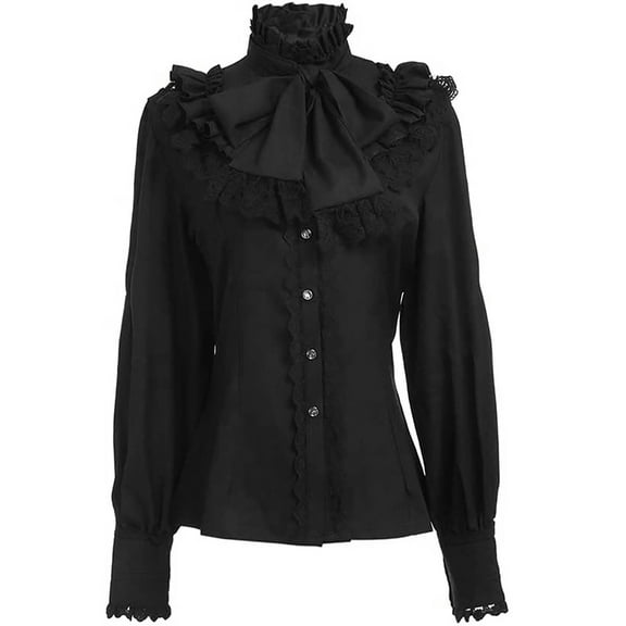 Victorian Renaissance Ruffled Lace Blouse Steampunk Long Sleeve Bows Tie Shirt