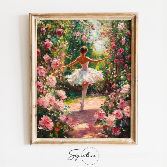 Victorian Rose Garden with Ballerina, Romantic Spring Wall Art, Floral Landscape, Cottagecore for3532 Unframed Paper Print