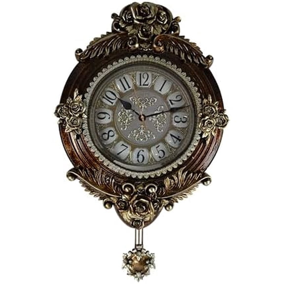Victorian Round Wall Clock Swinging Pendulum European Ornate Gold Rose Accents in Gold and Brown$$Home Decor, Kitchen, & Other