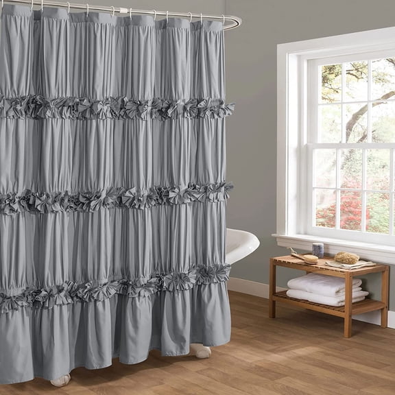Victorian Ruffle Shower Curtain, Ruched Microfiber Vintage Handcrafted Bow Tie Bath Curtain for Master Bathroom, with 12 Buttonholes, 72" W x 72" H, White (LQ-10)