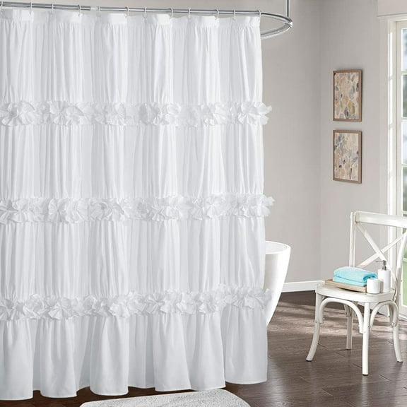 Victorian Ruffle Shower Curtain, Vintage Handcrafted Bow Tie Bath Curtain for Master Bathroom, Ruched Microfiber Bathroom Curtain with 12 Buttonholes, 72" W x 84" H, White (LQ-10)