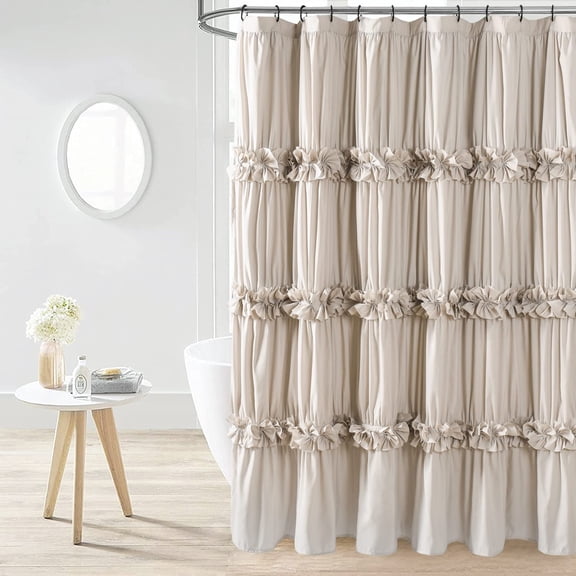 Victorian Ruffle Shower Curtain, Vintage Handcrafted Bow Tie Bath Curtain for Master Bathroom, Ruched Microfiber Bathroom Curtain with 12 Buttonholes, 72" W x 84" H, White (LQ-10)