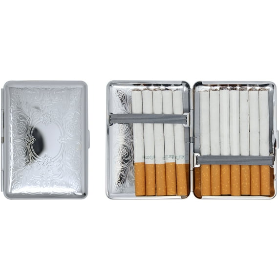 Set of 2 Compact Metal-Plated King Size Cigarette Case With Elastic Bands (Silver Victorian Scroll)