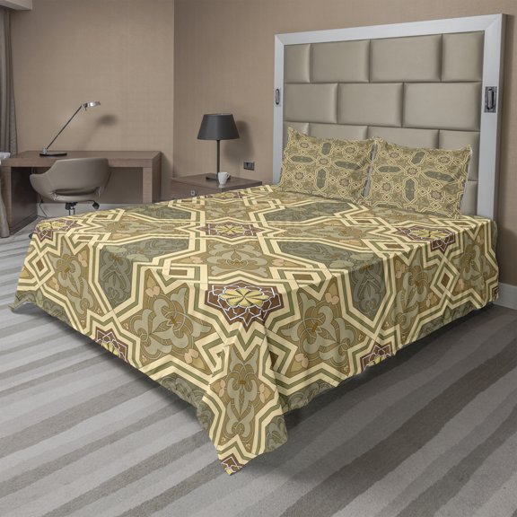 Ambesonne Victorian Fitted & Top Sheet Set with Shams, Botanical Inspired Motif, Multicolor