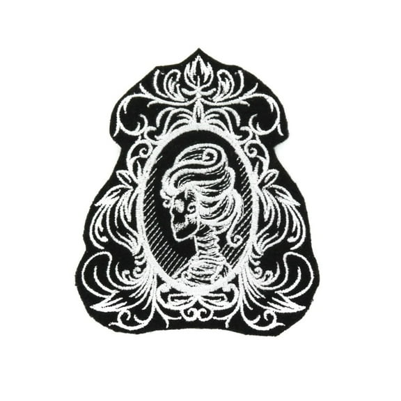 Victorian Skeleton Cameo Gothic Black and White Iron On Embroidered Patch