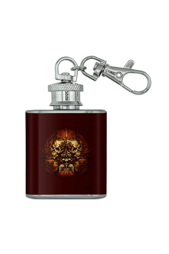Victorian Skulls Biker Chopper Motorcycle Stainless Steel 1oz Mini Flask Key Chain