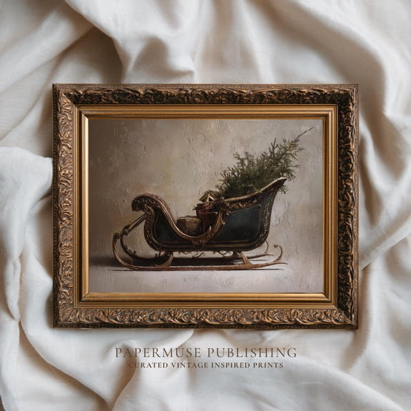 Victorian Sleigh Art Print Vintage Christmas Old Fashioned Winter Carriage Painting Rustic Holiday Wall Art Print Artwork